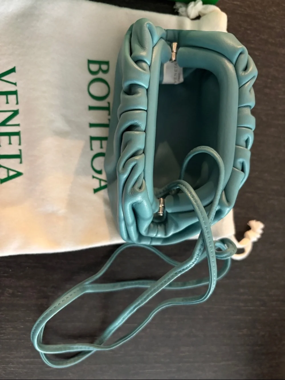 Bottega Veneta Teal Mini Gathered Leather Coin Pouch with Strap - Picture 3 of 9